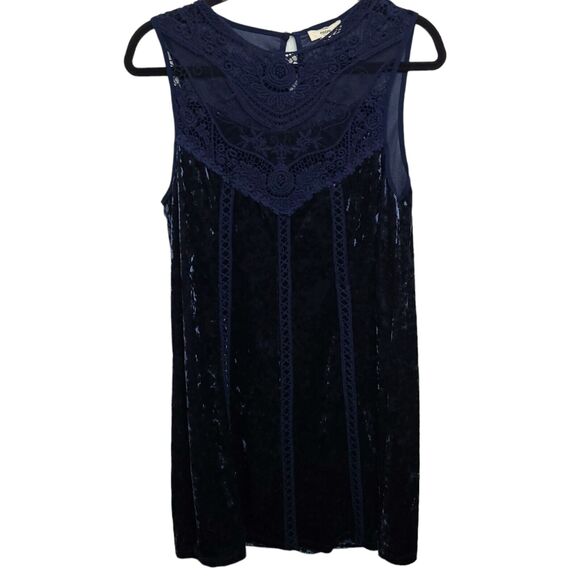 Entro Women's SZ M Velvet Crochet Lace Shift Mini Dress Sapphire Blue Sleeveless - Picture 1 of 10